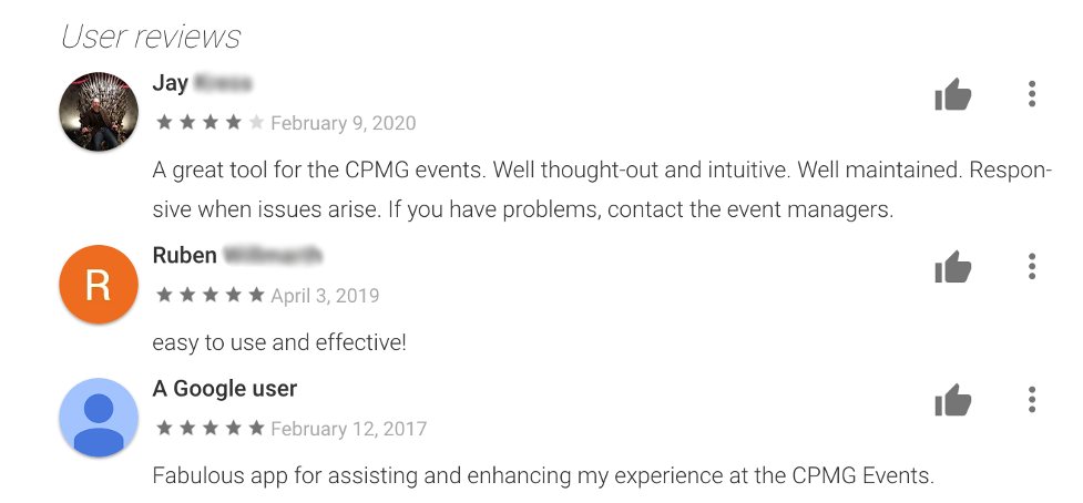 User reviews for a CPMG cross-platform native app